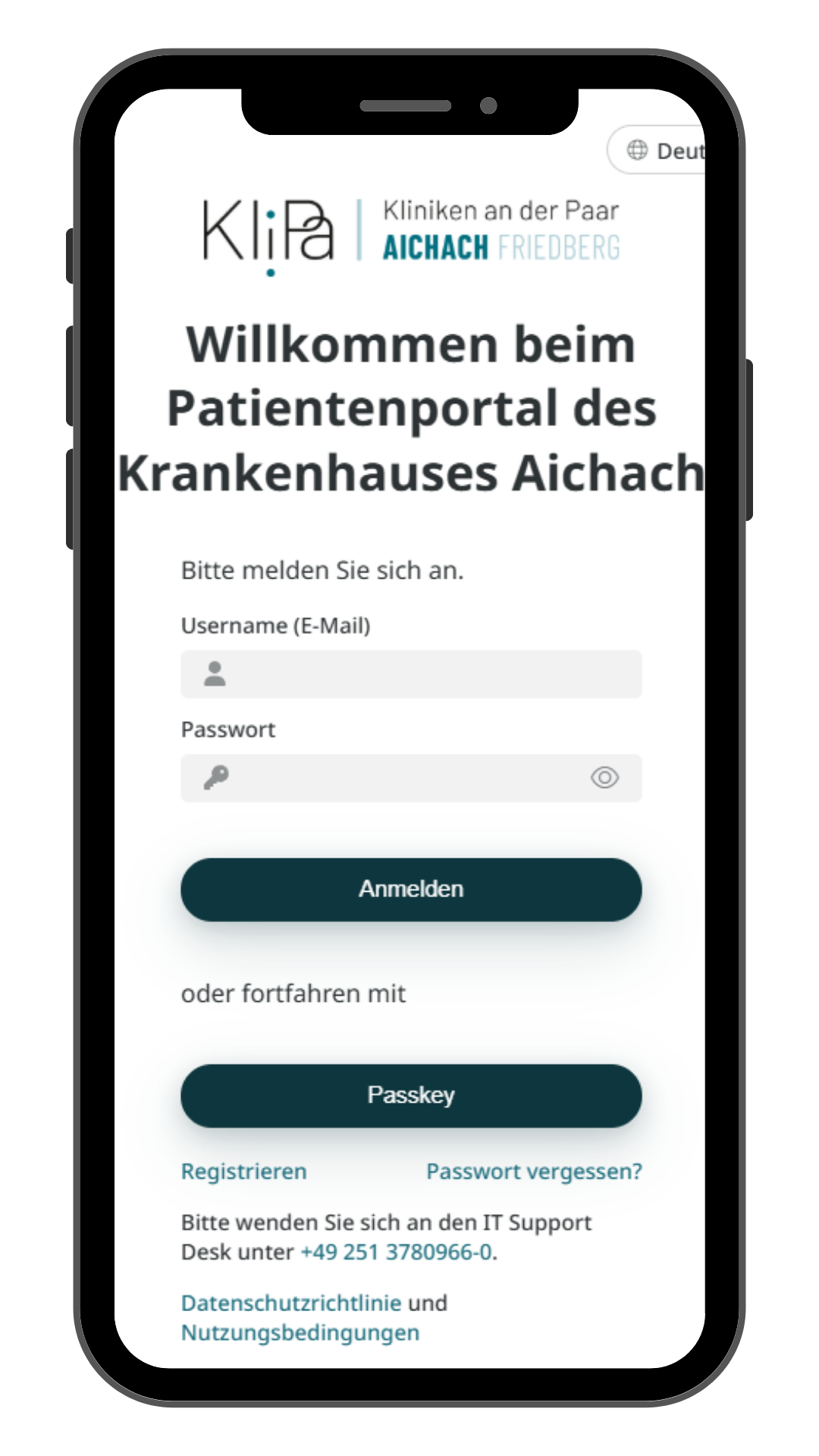 Anmeldeseite des Patientenportals auf einem Smartphone